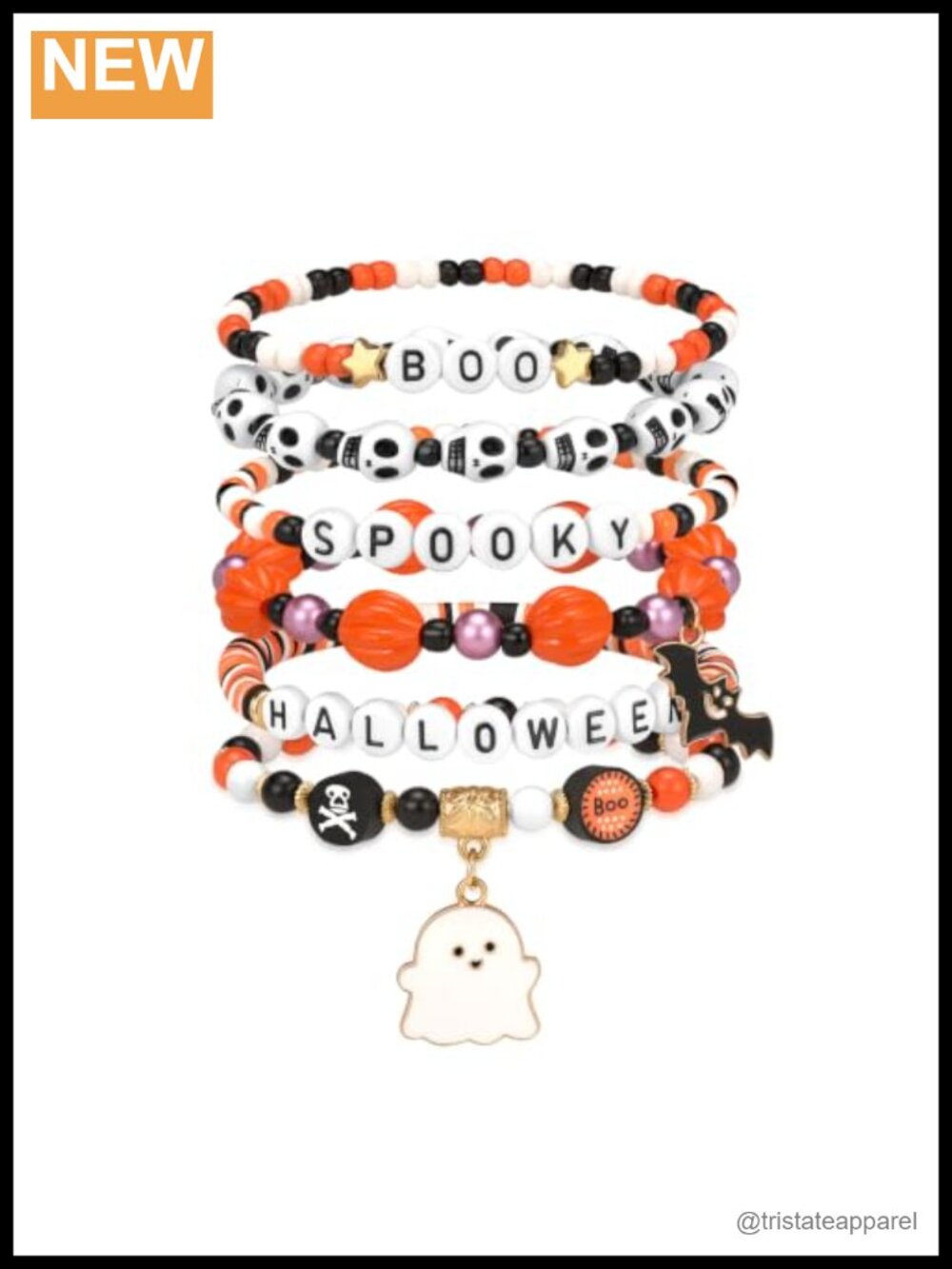 Halloween Stretch Beaded Bracelet Set Stackable Skull Pumpkin Ghost Charms